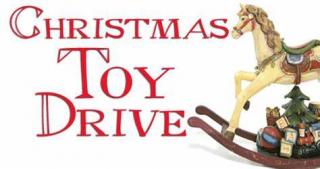 CHRISTMAS TOY DRIVE and Picture of Rocking horse and christmas tree
