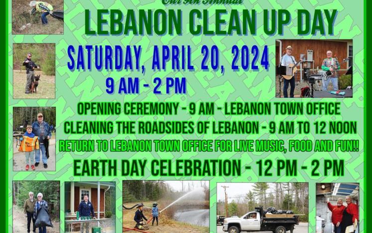 a card in green with the Lebanon Clean Up day info Saturday april 20, 2024 9am - 2pm