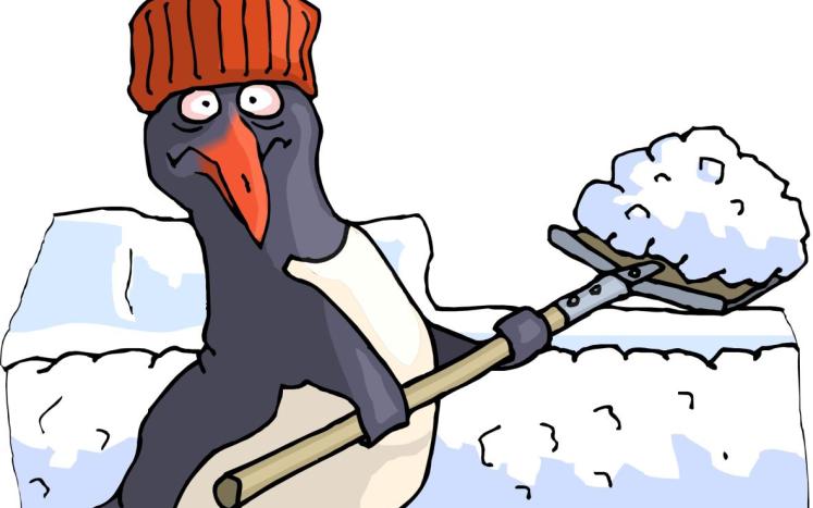 cartoon character of penquin shoveling snow
