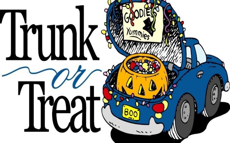 wording TRUNK OR TREAT with a blue car with a pumpkin in the trunk